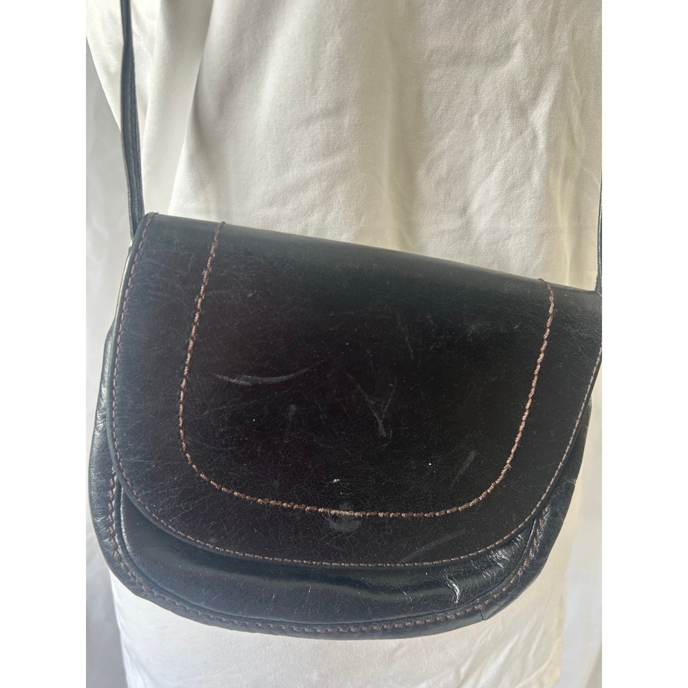 Hobo Black Leather Saddle Crossbody Bag Contrast Stitching Leaf Print Lining#496